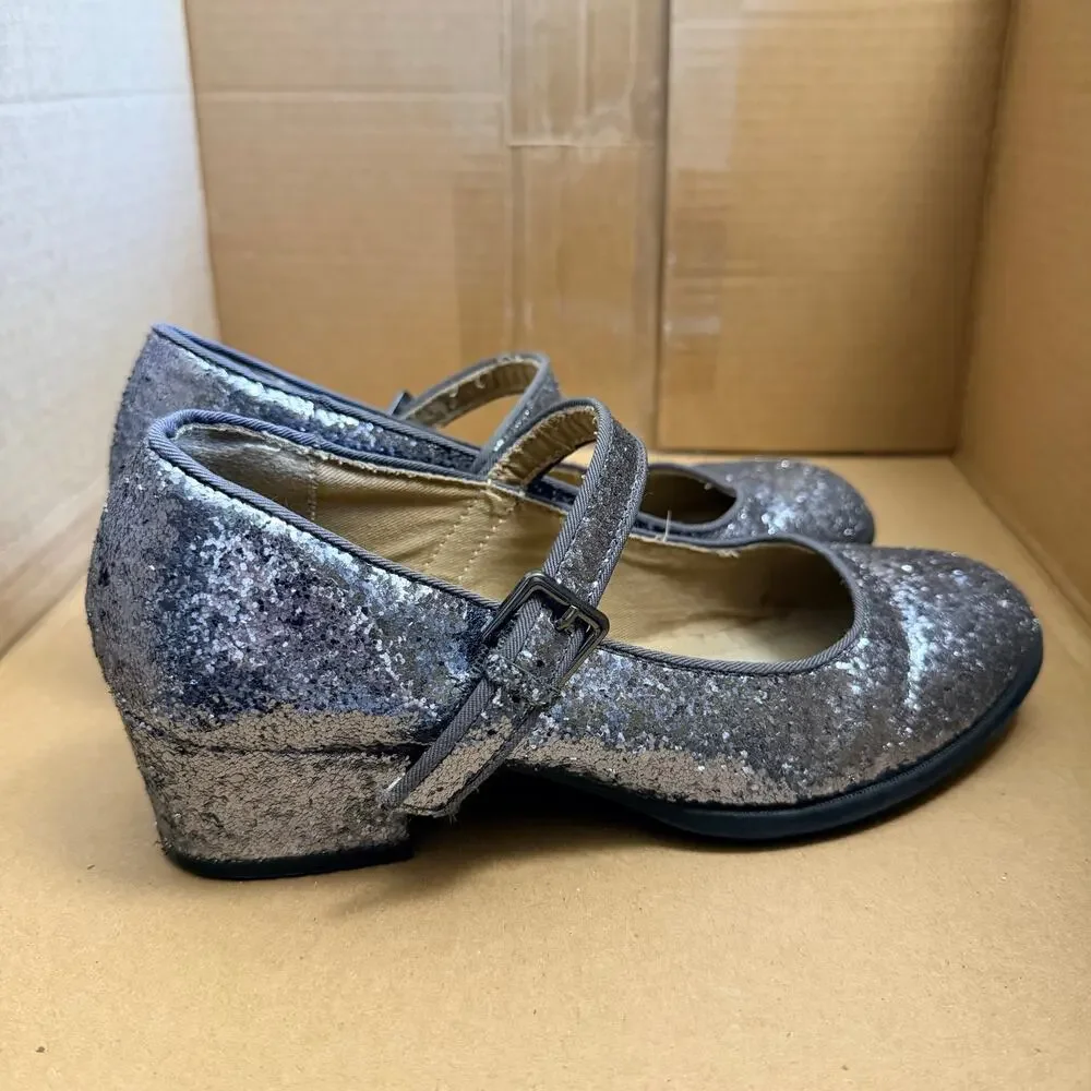 Old Navy Girls High Heel Mary Jane Dress Shoes Silver Glitter Buckle Strap Sz 3